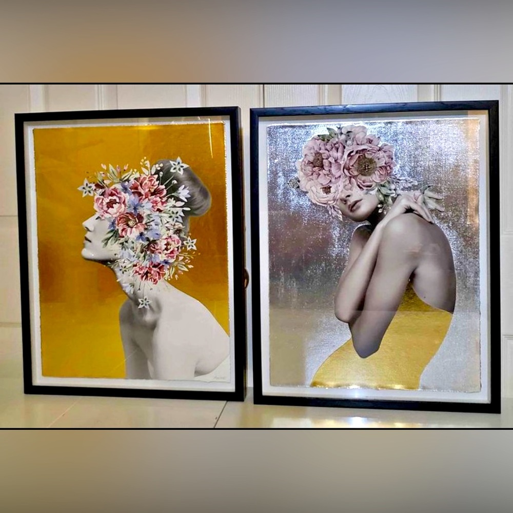 NEW 2xModern Glam Marmont Hill Framed Fine Art Prints Woman With Flowers 16"x20"